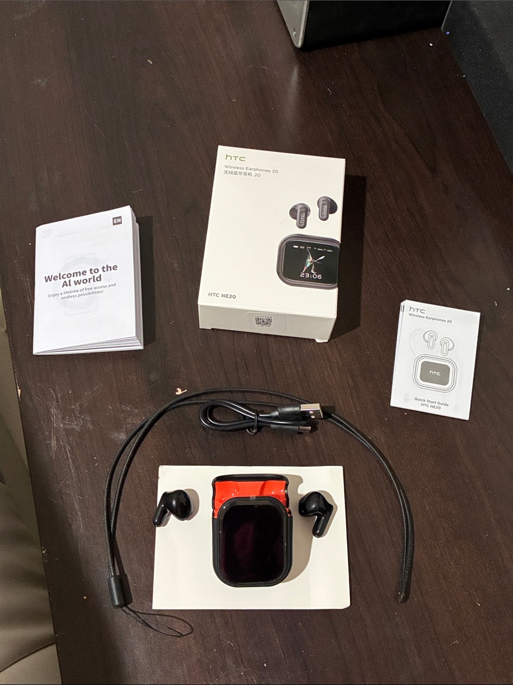 HTC NE20 True Wireless Earbuds with Black Earbuds and Red Charging Case